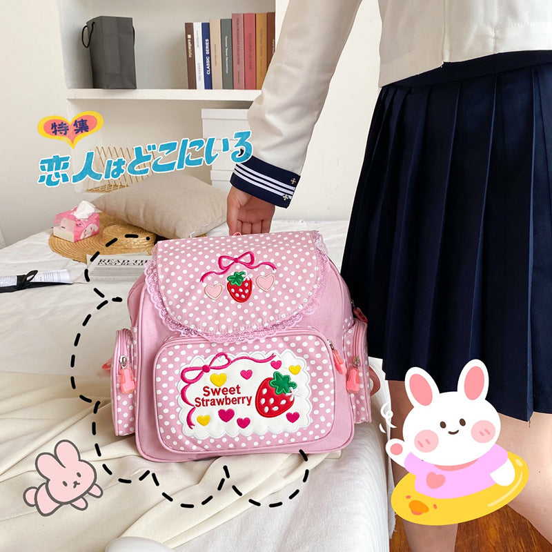 Japanese ins soft girl sweet lady cute embroidery fruit strawberry lace girl student backpack schoolbag girl