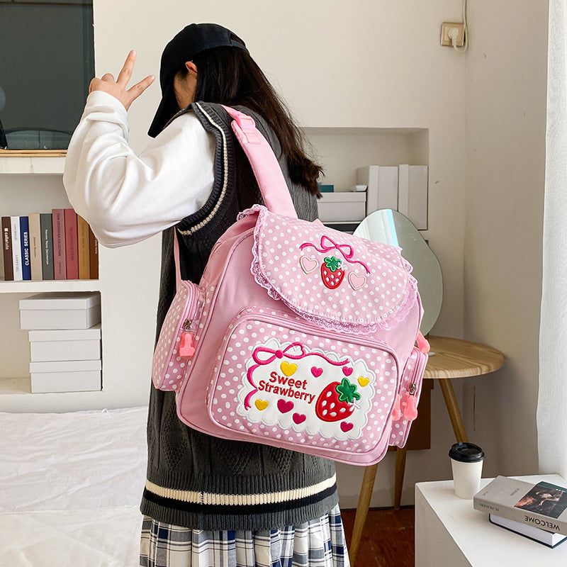 Japanese ins soft girl sweet lady cute embroidery fruit strawberry lace girl student backpack schoolbag girl