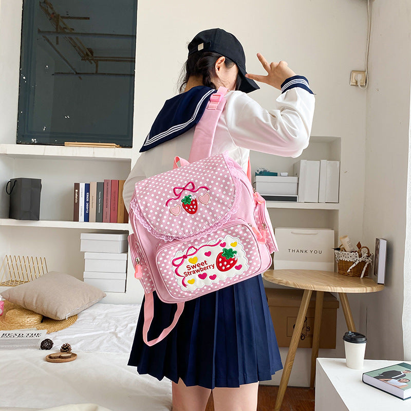 Japanese ins soft girl sweet lady cute embroidery fruit strawberry lace girl student backpack schoolbag girl